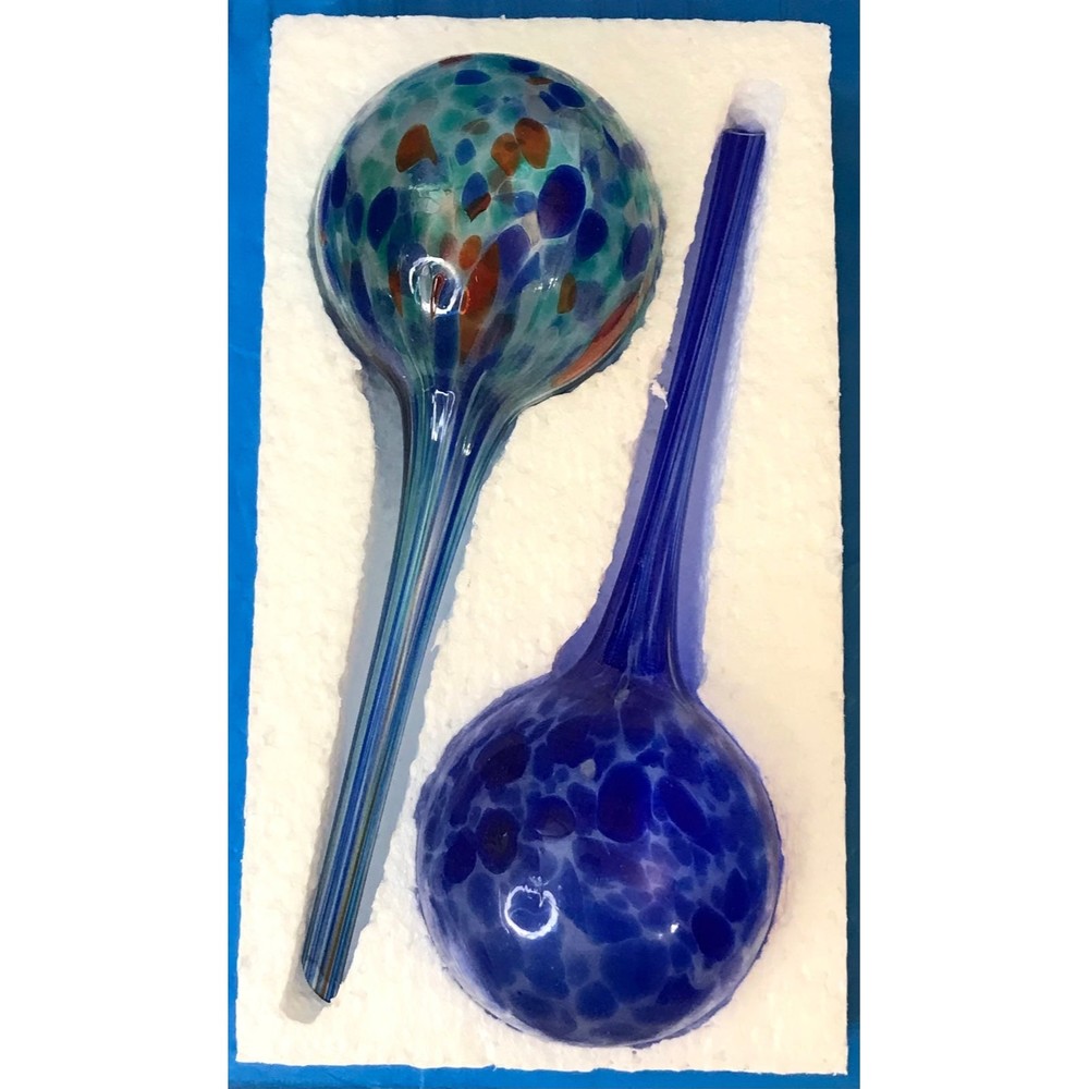 Hydro Globes Blue Blown Glass Mini 2 Pack, 2 Week Watering, 8 Inches.